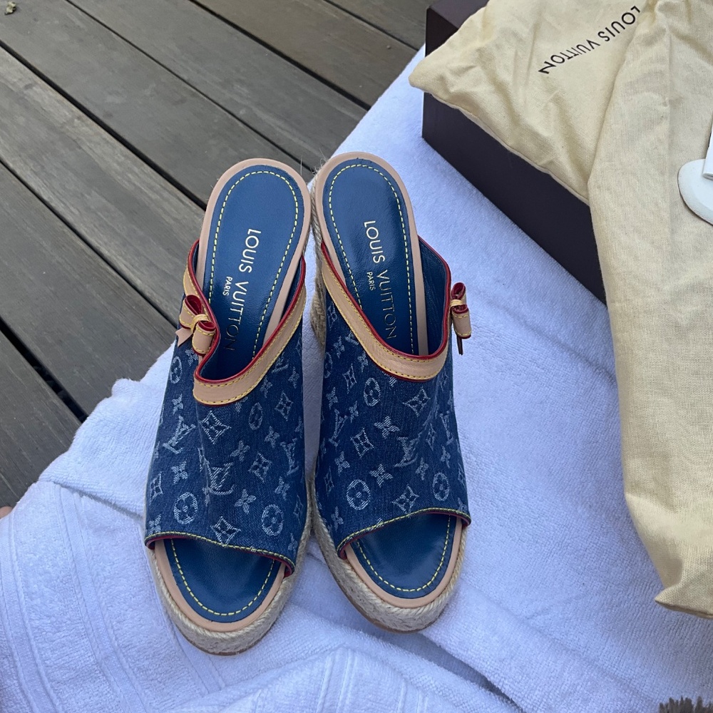 Louis Vuitton Blue Monogram Denim Wedge Espadrilles - Picture 10 of 14